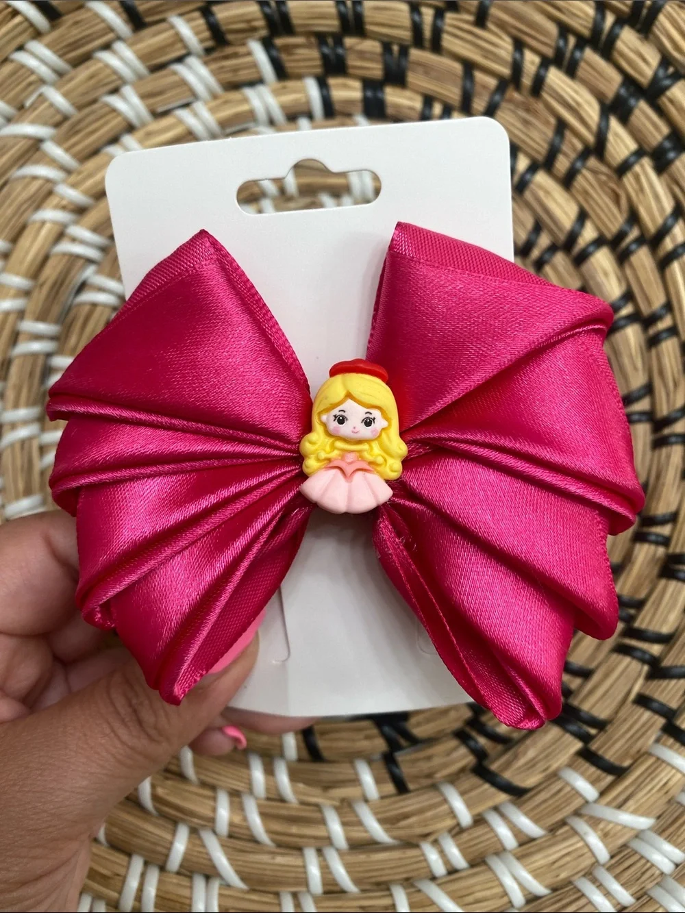Kids Pink Satin Bow Hair Clips with Heart & Doll Accents